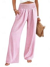 cheap Wide Leg &amp; High Waisted-Women's Wide Leg Chinos Vacation Fashion Streetwear Full Length High Waist Plaid Pocket Elastic Waistband Printing Comfy Comfort Soft Stretchy Daily Outdoor Street Blue Black Yellow Pink Spring Fall