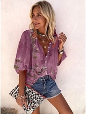 Недорогие Цветочные блузки-Жен. Рубашка С принтом Омбре Цветочный принт Графика Богемия Винтаж Повседневные Рукав 3/4 V-образный вырез Обычные топы Повседневные Праздники Одежда для пляжа