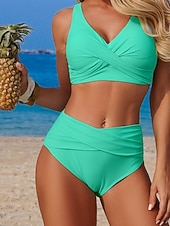 economico Bikini-Per donna Costumi da bagno Bikini Due pezzi Costume da bagno Arricciato Senza schiena Vacanza Abbigliamento da Spiaggia Semplice Scollo a V Senza Maniche Costumi da bagno