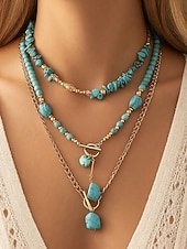 preiswerte Halskette für Damen-Boho-Chic-Schmuckset für Damen, bestehend aus mehrlagigen Halsketten aus einer Legierungskette und türkisfarbenen Perlenanhängern – Vintage-Schmuck für Damen, perfekt für Alltag, Urlaub, Strand und Partys.