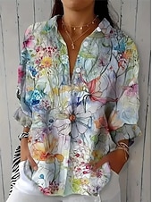 abordables Blusas Florales-Mujer Camisa Frunce Floral Graphic Elegante Vacaciones Manga Larga Cuello Camisero Tops regulares Diario Trabajo Festivos Azul claro Verano Primavera