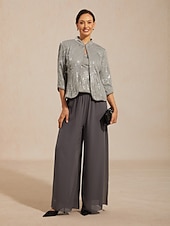  Mulheres Blusa Tops elegantes Conjunto de gêmeos Paetês Pena Elegante Manga 3/4 Colarinho Mandarim Tops regulares Festa de Noite Traje formal Cinzento Primavera Outono Inverno