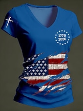 abordables Día de la Independencia Top-Día de la Independencia Aniversario Americano Camiseta Patriótica de Mujer Impresión Gráfica Bandera Vintage Elegante Clásico Manga Corta Cuello en V Tops Regulares Diarios Azul Negro Blanco Rojo