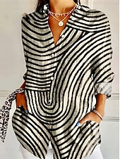 billiga Randiga och geometriska blusar-Dam Skjorta Blus Lappverk Knappar Mönster Grafisk Geometrisk Rutig Vintage Tropisk Dagligen Långärmad Tröjkrage Långa toppar Dagligen Blå Svart Rubinrött Marinblå Orange Sommar Vår