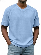 abordables T-shirt en tricot gaufré-Homme Tee-shirt Gaufre T-shirt Manche Courte Col en V Été Printemps Toutes saisons Couleur Unie Mode Designer Occasionnel Basique Manche raglan Occasionnel Quotidien Extérieur Bleu Ciel Blanc T-shirt