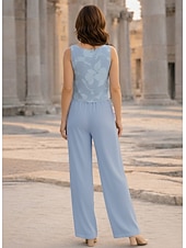 preiswerte Hosenanzüge für Mama-Dreiteilig Hosenanzug Bodenlang Brautmutterkleid Langarm U-Boot-Ausschnitt Elegant Minimalistisch Formell Hochzeitsgast Ferien Chiffon Mit Schal mit Blume