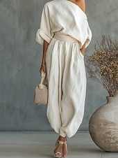 Χαμηλού Κόστους Γυναικείες φόρμες μπλούζας-Γυναικεία Βαμβακερά σετ λευκών ειδών Σετ παντελονιών μπολερό Μακρυμάνικο Ώμοι Έξω Σκέτο Σουρωτά Κουρελού Κομψό Μοντέρνα Κομψό στυλ street Causal Καθημερινά ΕΞΩΤΕΡΙΚΟΥ ΧΩΡΟΥ Μπεζ Καλοκαίρι