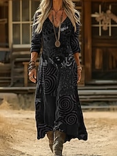 billiga Etnisk Boho Klänning-Dam Maxiklänning Boho-klänning Vintage klänning Vardagsklänning Vintage Dagligen Utomhus Semester Normal Blommig Långärmad V-hals Svart Armégrön Marinblå Purpur Vår Höst