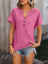 preiswerte Einfarbiges T-Shirt-Damen T Shirt T-Shirt Knöpfe Einfach Mode Stilvoll Klassisch Kurzarm V Ausschnitt Normale Oberteile Täglich Ausgehen Wochenende Blau Schwarz Purpur Fuchsie Grün Sommer Frühling