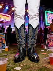 voordelige Heren-Echte leren cowboylaarzen voor heren met een opvallend bloemenpatroon, stijlvolle westernlaarzen voor een muziekfestival.