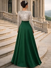 abordables Longueur du plancher-Ligne A Longueur au sol Robe d'invité de mariage Robe de Cérémonie Robe Évasée Robe de Mère de Mariée  manche longue Col en V Élégant Mariage Formel robe demoiselle d honneur Satin avec Paillettes
