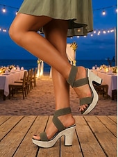 رخيصةأون ضيف حفل الزفاف-صنادل نسائية بيج اللون بكعب عريض ومنصة، أحذية رسمية مريحة بأشرطة متقاطعة مناسبة لحضور حفلات الزفاف على الشاطئ