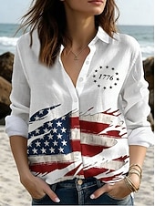  Αμερικανική Ημέρα Ανεξαρτησίας Γυναικεία Μπλούζα Κουμπιά Τύπωμα Γραφικό Σημαία Αμερικής Επέτειος Vintage Στυλάτη Σύγχρονη Μακρύ Μανίκι Κολάρο Κανονικά Κορυφαίες Καθημερινές Μπλε Μαύρο Λευκό Ανοιχτό