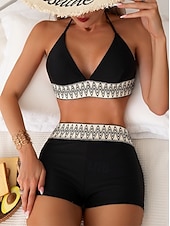 abordables Conjuntos de bikini-Mujer Bañadores Bikini 2 piezas Bermudas Traje de baño Delgado Espalda al Aire Vacaciones Ropa de playa Geométrico Escote en Pico Sin Mangas Trajes de baño