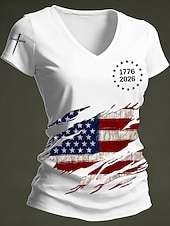 abordables Día de la Independencia Top-Día de la Independencia Aniversario Americano Camiseta Patriótica de Mujer Impresión Gráfica Bandera Vintage Elegante Clásico Manga Corta Cuello en V Tops Regulares Diarios Azul Negro Blanco Rojo