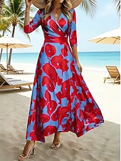economico Abiti floreali-Per donna Abito maxi Vestito Estivo Abito da Spiaggia Abito a trapezio Abito Floreale Casual Quotidiano Vestibilità regolare Floreale Manica 3/4 Scollo a V Bianco Champagne Rosso Primavera Autunno