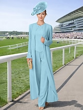 preiswerte Hosenanzüge für Mama-Overall Hosenanzug Dreiteilig Bodenlang Brautmutterkleid Langarm Bateau-Ausschnitt Elegant Übergröße Mit Schal Formell Hochzeitsgast Chiffon Mit Schal mit Perlenstickerei