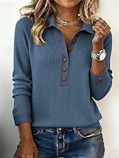 tanie Gładkie bluzki-Damskie Koszula Bluzka Niejednolita całość Guziki Dzianiny Jednokolorowe Elegancja Moda Moda miejska Długi rękaw Kołnierzyk koszuli Zwykłe topy Dom Na zewnątrz Praca Niebieski Czarny Pomarańczowy