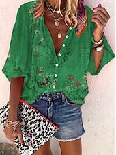 Недорогие Цветочные блузки-Жен. Рубашка С принтом Омбре Цветочный принт Графика Богемия Винтаж Повседневные Рукав 3/4 V-образный вырез Обычные топы Повседневные Праздники Одежда для пляжа