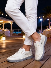 お買い得  男性-メンズフェイクレザーリゾートイブニングシューズ、スタイリッシュなホワイトスリッポンローファー、エレガントなイブニングイベントに最適