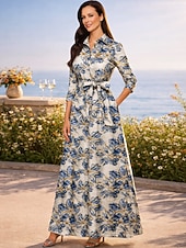  A-lijn Tot de grond Shirtjurk Bruiloft gast jurk Formele jurk Moeder van de bruid jurk Lange mouw Overhemdkraag Elegant Vintage Bruiloft Formeel Bruiloft gast Nylon met Strik(ken) Zak