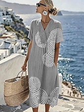 billige Stripete og geometriske kjoler-Dame Midikjole Solkjole Kjole med A-linje Ferie Fritid Strandstil Strand Fest Løstsittende Grafisk Geometrisk Kortermet V-hals Blå Lilla Grønn Kakifarget Sommer Vår