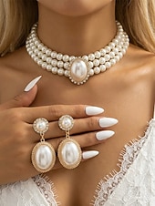 Недорогие Свадьба ACC-Женский комплект из ожерелья и сережек из искусственного жемчуга, винтажное элегантное многослойное колье-чокер с овальным кулоном, классические свадебные украшения для свадьбы, вечерних вечеринок и торжественных мероприятий.