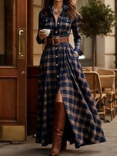 preiswerte Streifen- und geometrisches Kleid-Damen Maxikleid Shiftkleid Urlaub Lässig Boho Täglich Normale Passform Karomuster Langarm Hemdkragen Blau Gelb Rosa Rote Frühling Herbst Winter