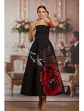  Corte A Hasta el Tobillo Vestido Invitada Boda Vestido formal Vestido de noche Trajes de gala Elegante Sin Mangas Sin Tirantes Fiesta de baile Formal Satén Rayado con Estampado flor