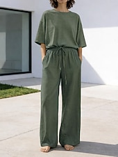 cheap Sets-15% Linen Women's Pants Sets Linen Sets Basic Pure Color Pocket Elastic Waist T Shirt Pant Daily Street Long Sleeve Crew Neck Blue Black White Navy Blue Light Brown Summer Spring