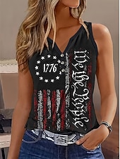 זול יום העצמאות טופ-חולצת כבייה של יום העצמאות חולצת טי לנשים דגל אופנתי קלאסי ללא שרוולים צוואר V צוואר מתוח regular טופים יומיים כפתורי הדפסה כחול קיץ אביב