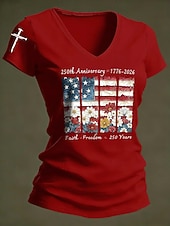  Dia da Independência Americana Mulheres Camiseta Imprimir Gráfico Bandeira à moda Casual Manga Curta Decote V Tops regulares Diário Preto Branco Vermelho Verão Primavera