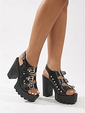 economico Donne-sandali da festival con plateau neri da donna - scarpe con tacco a blocco spesso e suola a carrarmato con cinturini con fibbia borchiata per coachella, rave &amp;concerti estivi all'aperto