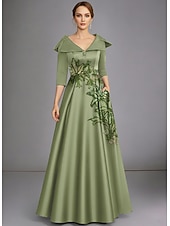  Linha A Longo Bordado com miçangas Vestido formal Vestido para a mãe da noiva Vestidos de noite Elegante Brilhante Floral Meia Manga Colarinho de Camisa Casamento Formal Cetim com Fenda Apliques