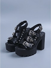 economico Donne-sandali da festival con plateau neri da donna - scarpe con tacco a blocco spesso e suola a carrarmato con cinturini con fibbia borchiata per coachella, rave &amp;concerti estivi all'aperto
