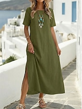 abordables Vestidos-Mujer Vestido maxi 100% Algodón Vestido de verano Vestido blanco vestido de playa Básico Casual Diario Exterior Holgado Plano Media Manga Cuello Barco Ejercito verde Negro Blanco Vino Verano