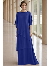 economico Lunghezza del pavimento-Linea ad A Lunghezza al pavimento Abito da invitata a nozze Abito Formale Abito a Strati Abito da cerimonia per signora Mezza Manica Scollo a Barca Elegante Formale Ospite di nozze Chiffon con Volant