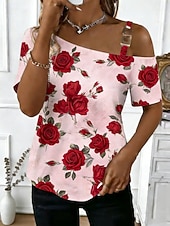 voordelige Bloemen Blouses-Dames T-shirt Afdrukken Bloemig Grafisch Elegant Modieus Klassiek Korte mouw Eén-schouder Normale tops Dagelijks Uitgaan Weekend Wit Blozend Roze Paars Groen Zomer Lente