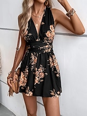 cheap Floral Dress-Women's Mini Dress A Line Dress Halter Dress Vacation Casual Outdoor Going out Regular Fit Floral Sleeveless V Neck Black Wine Navy Blue Dark Green Summer Spring