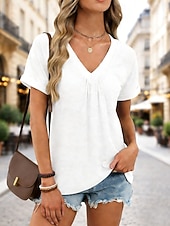 preiswerte Einfarbiges T-Shirt-Damen T Shirt T-Shirt Einfarbig Elegant Vintage Mode Kurzarm V Ausschnitt Normale Oberteile Täglich Sport Wochenende Blau Schwarz Weiß Rosa Grün Sommer Frühling Herbst