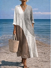 cheap Vacation Dresses-Women's Midi Dress V Neck Long Sleeve Kaftan Lightweight Loose Fit A Line Dress Casual Boho Going out Graphic Geometric Stripe Long Sleeve V Neck Orange red Black Yellow Pink