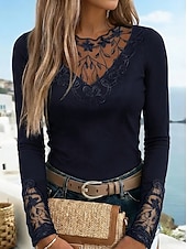 abordables Tops de Encaje-Mujer Camiseta Camiseta burdeos Top de patchwork de malla Camiseta de encaje Encaje Retazos Floral Elegante Vintage Moda Manga Larga Escote Redondo Tops regulares Casual Fin de semana Negro Vino Azul