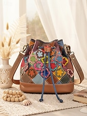 olcso Kézitáskák és bevásárlótáskák-női bohém bőr vödörtáska, többszínű virágmintával, sokoldalú viselet, állítható vállpántok, tökéletes a mindennapi használatra