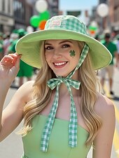  Wendbarer Damen-Bucket-Hat mit breiter Krempe, leichtes Polyester, in verschiedenen Farben erhältlich, beidseitig tragbar mit Schleifendetail, Sonnenschutzkappe für den St. Patrick's Day, Urlaub und Freizeit.