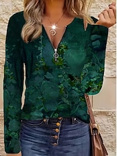 economico T-shirt Boho-Per donna Maglietta Cerniera Stampato Grafico Tribale Moda Casual Manica Lunga Girocollo Scollo a V Top Regolari Quotidiano Marrone Scuro Nero Rosso Verde Primavera Autunno