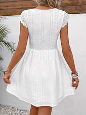 voordelige Witte kanten jurken-Dames Halflange jurk Kanten jurk Witte jurk Jurk met oogjes Elegant Modieus Modern Casual Dagelijks Buiten Normale pasvorm Effen Mouwloos V-hals Zwart Wit Zomer Lente