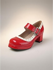 abordables Retro de los años 50-Zapatos Mary Jane vintage de los años 50 para mujer: elegantes tacones de bloque de charol negro sintético con ribete festoneado para fiestas retro y eventos rockabilly. &amp;estilo de mediados de siglo
