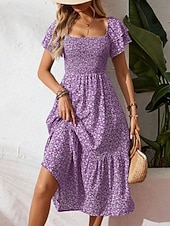 Χαμηλού Κόστους Floral φορέματα-Γυναικεία Μίντι φόρεμα Φόρεμα σε γραμμή Α Καθημερινό ΕΞΩΤΕΡΙΚΟΥ ΧΩΡΟΥ Εξόδου Τυπική εφαρμογή Φλοράλ Κοντομάνικο Τετράγωνη Λαιμόκοψη Θαλασσί Μαύρο Ρουμπίνι Βυσσινί Καλοκαίρι Άνοιξη