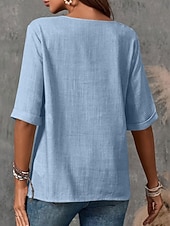 preiswerte Hemden-Damen Bluse Hemd aus Leinenimitat Knöpfe Einfarbig Stilvoll Basic Lässig Halbarm Rundhalsausschnitt Normale Oberteile Täglich Blau Schwarz Weiß Armeegrün Rote Sommer Frühling Herbst