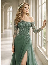abordables Largo del piso-Funda Columna Vestidos Hasta el Suelo Vestido Invitada Boda Vestido formal Vestido de noche Vestido de Madrina Manga Larga Un Hombro Elegante Formal Gasa con Encaje Un Color
